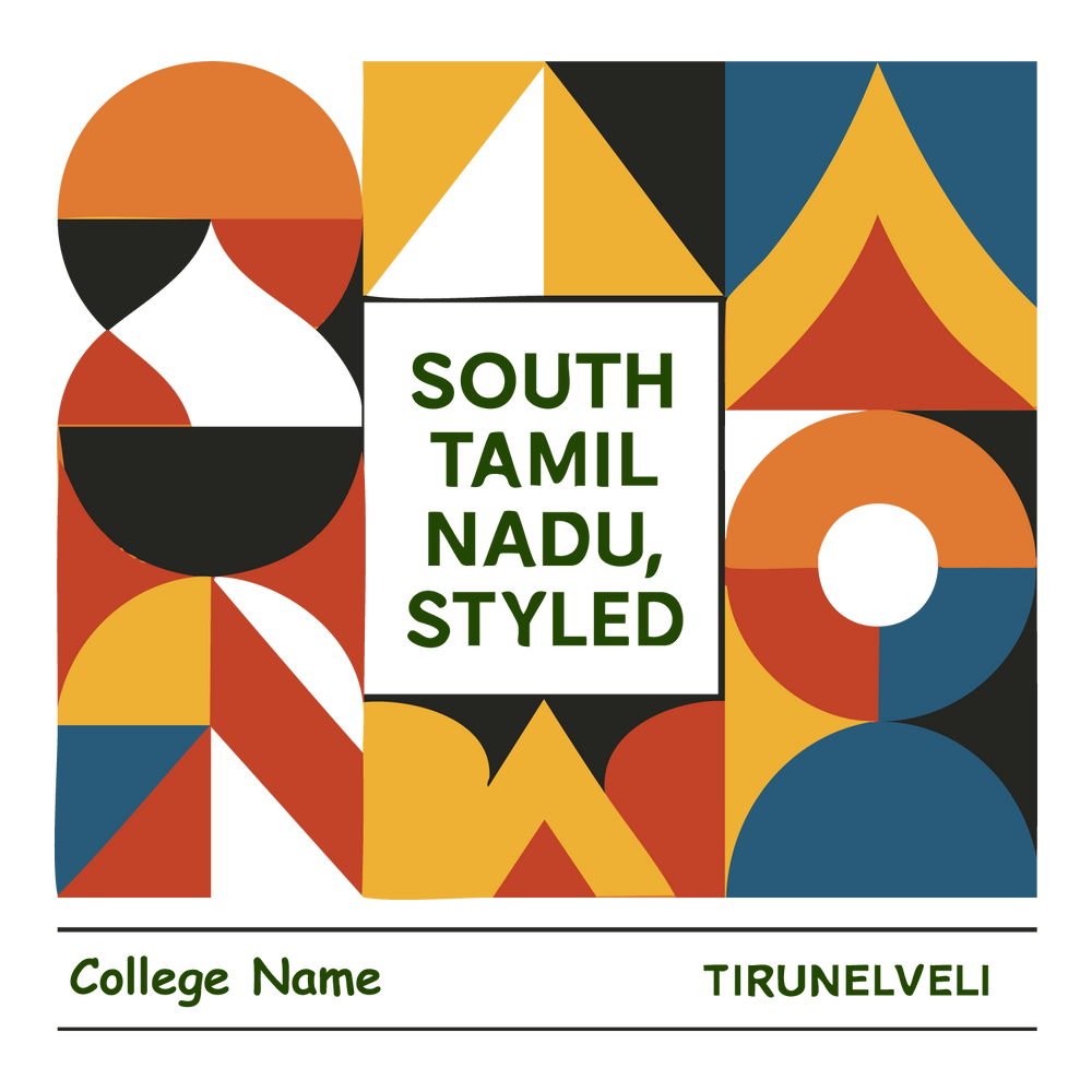 Geometric abstract T-shirt design with text “South Tamil Nadu, Styled,” customizable college name, Tirunelveli pride.