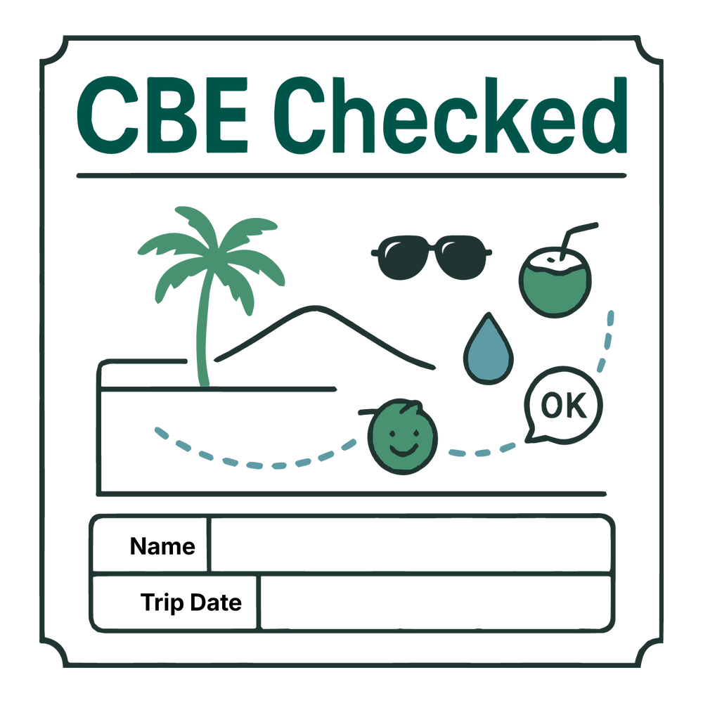 CBE Checked T-shirt design with palm tree, coconut, mountains, and customizable name/details.