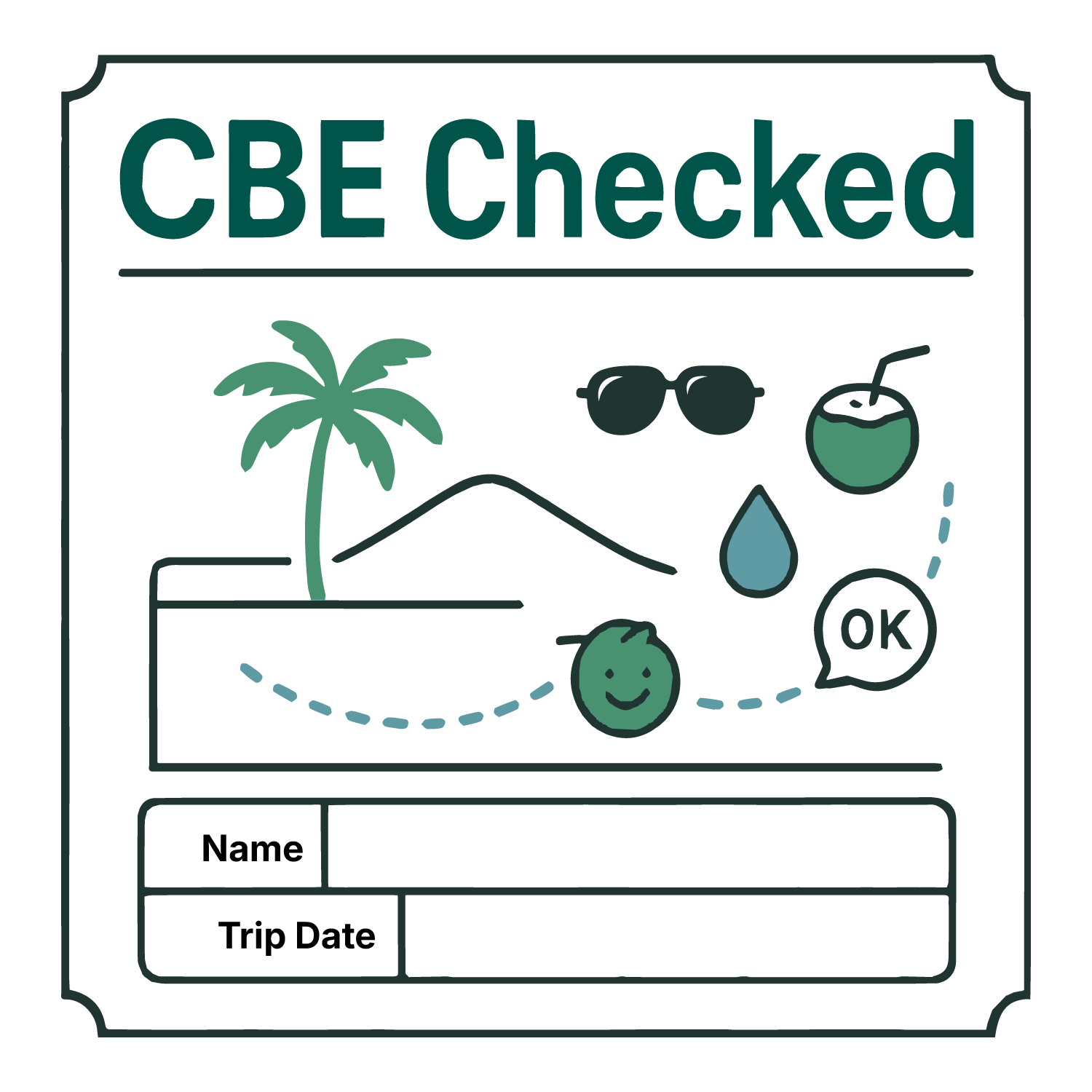 CBE Checked T-shirt design with palm tree, coconut, mountains, and customizable name/details.