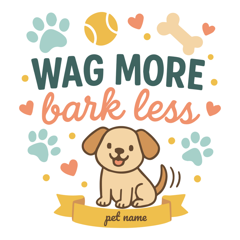 Playful “Wag More Bark Less” custom dog T-shirt with happy pup, paw prints, hearts, and editable pet name.