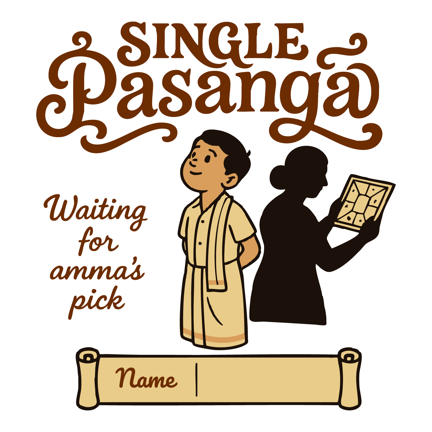 Tamil-themed T-shirt design with man in veshti and text “Single Pasanga – Waiting for Amma’s Pick,” customizable name area.