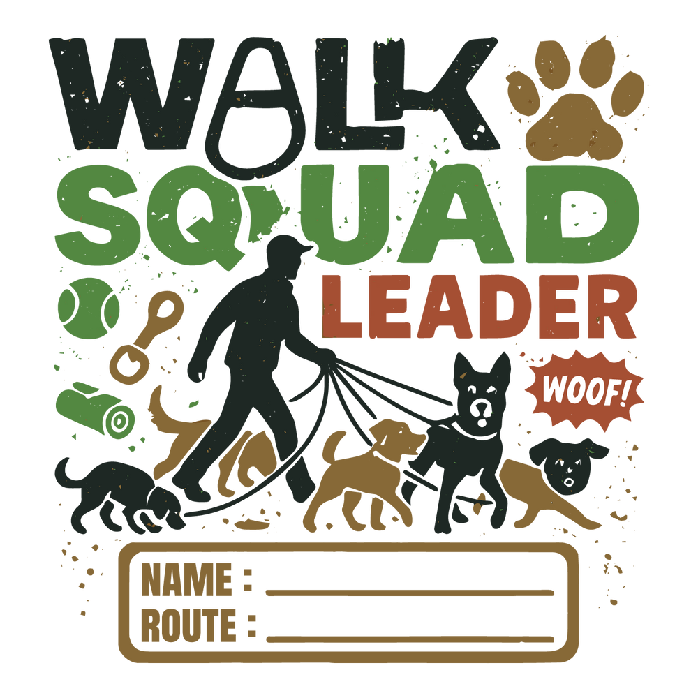 Custom “Walk Squad Leader” dog walking T-shirt with walker silhouette, multiple dogs, editable name and route.