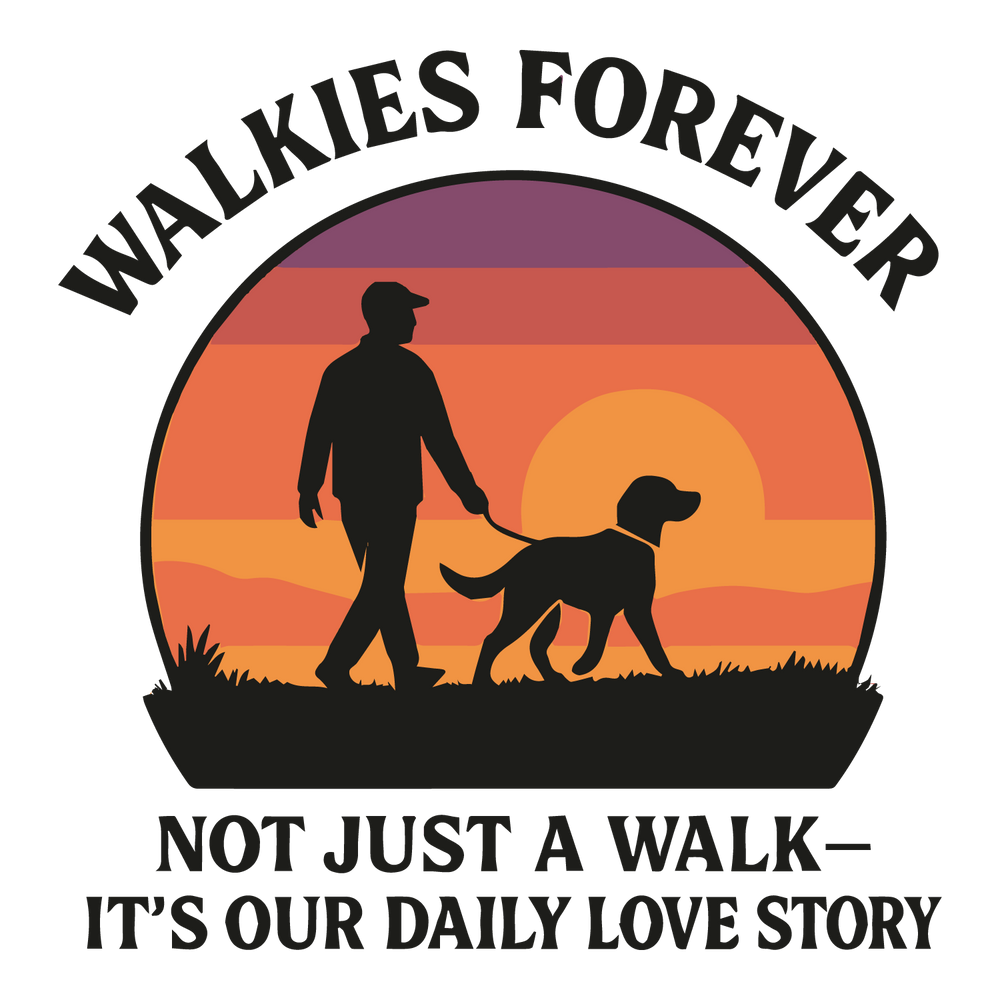 Heartfelt “Walkies Forever” custom dog T-shirt with sunset silhouette and editable pet name.