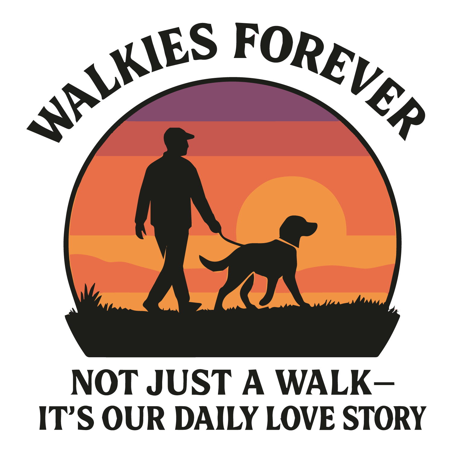 Heartfelt “Walkies Forever” custom dog T-shirt with sunset silhouette and editable pet name.