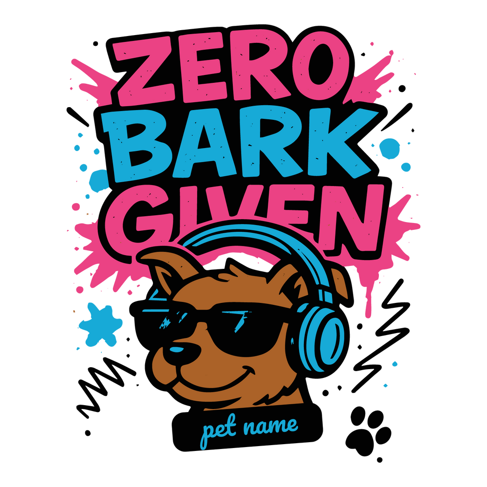 Cool “Zero Bark Given” custom dog T-shirt with neon design, headphones, sunglasses, and editable pet name.