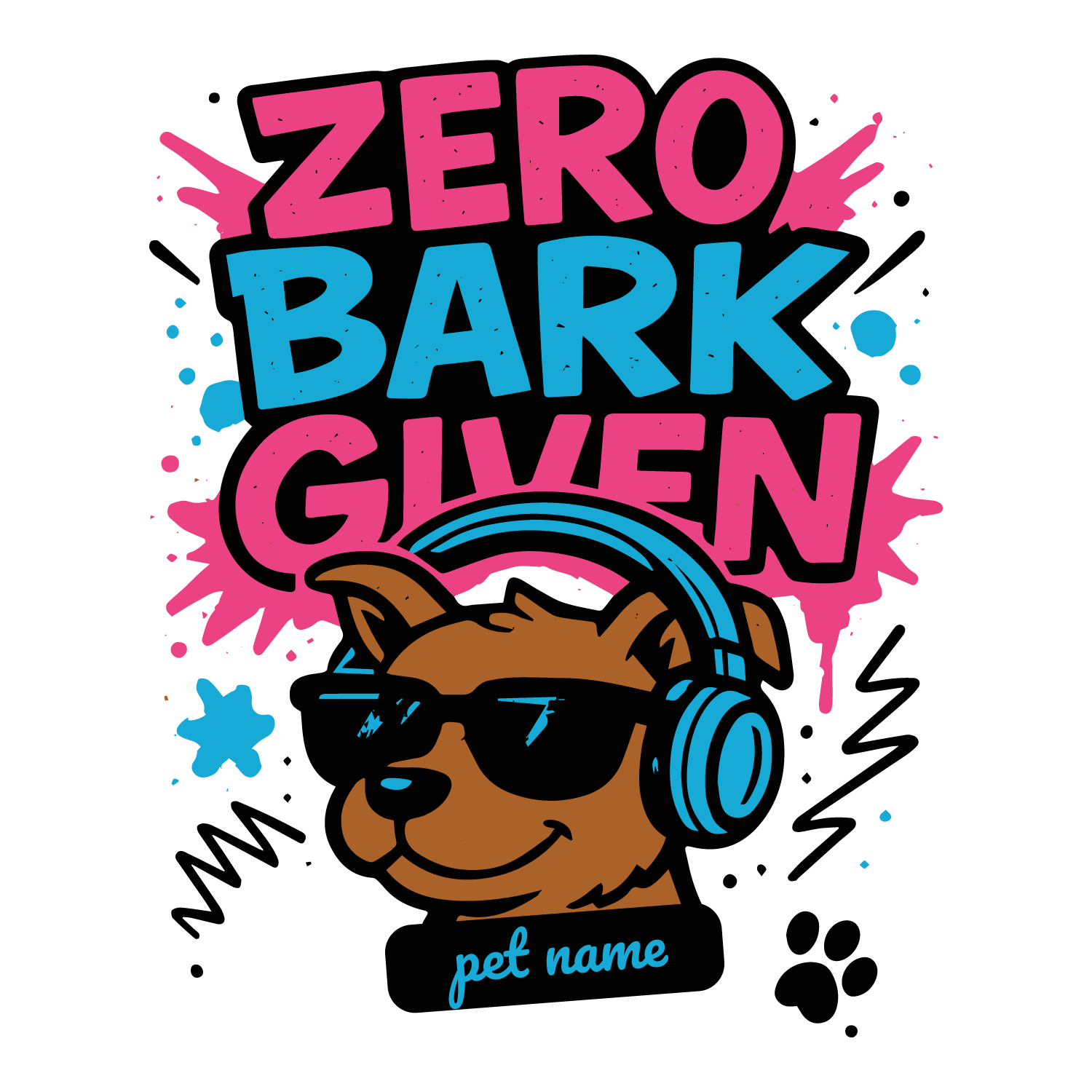 Cool “Zero Bark Given” custom dog T-shirt with neon design, headphones, sunglasses, and editable pet name.