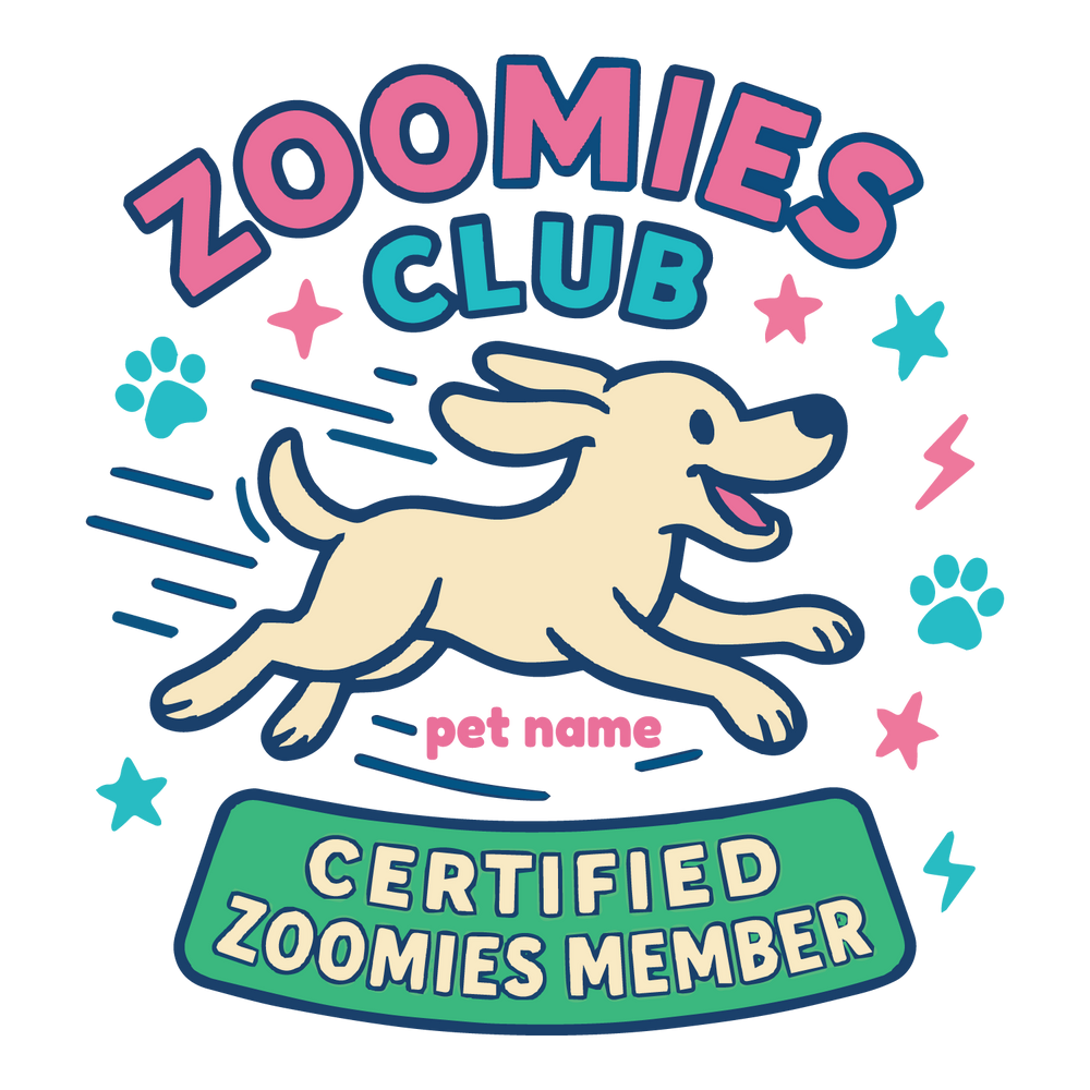 Playful “Zoomies Club” custom dog T-shirt with running pup, stars, paw prints, and editable pet name.