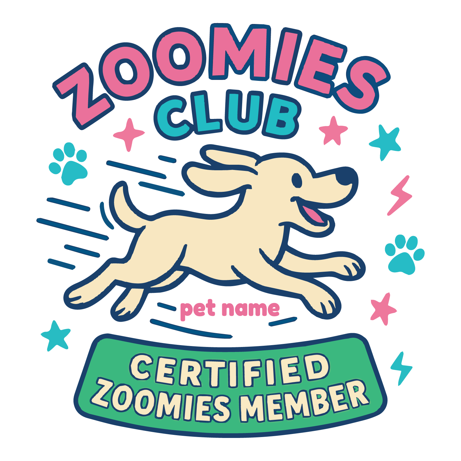 Playful “Zoomies Club” custom dog T-shirt with running pup, stars, paw prints, and editable pet name.