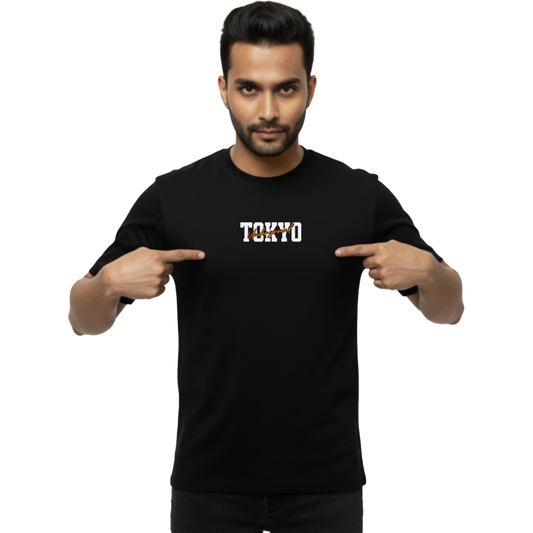 Back view of black “Tokyo Underground — Drift Legend Tee” T-shirt with large drift car and Tokyo street graphic on male model, regular unisex fit by Crafted Community