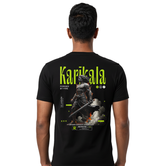 Back view of black “Karikala the Forged by Fire” T-shirt with large Karikala warrior and fire-themed graphic on male model, regular unisex fit by Crafted Community