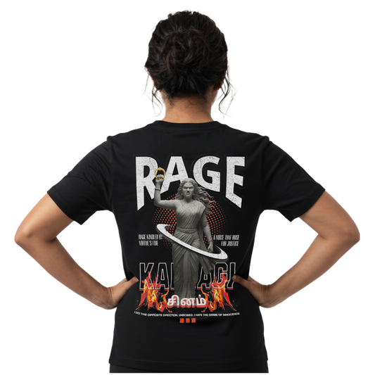 Back view of black “Kannagi the Rage of Virtue” T-shirt with large Kannagi statue, Rage typography and fiery justice-themed graphic on female model, regular unisex fit by Crafted Community