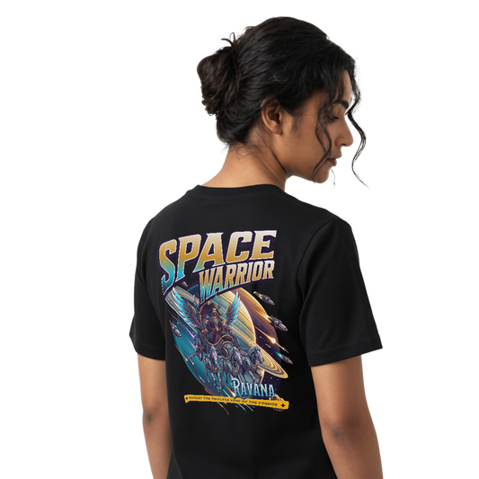 Back view of black “Ravana the Space Warrior” T-shirt with large sci-fi themed back graphic on female model, regular unisex fit by Crafted Community