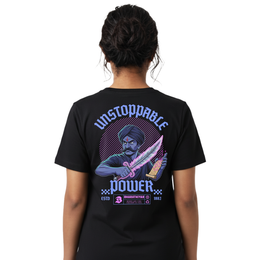 Back view of black “Bharathiyar the Unstoppable” T-shirt with large Bharathiyar illustration and Unstoppable Power typography graphic on female model, regular unisex fit by Crafted Community