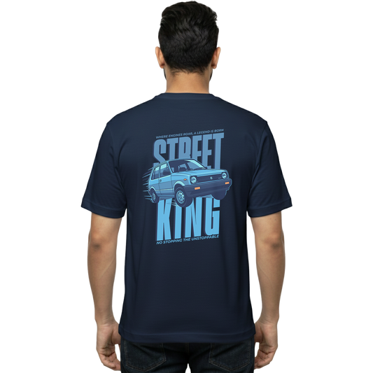 Back view of navy “Street King — Maruti 800 Legend Tee” T-shirt with large Street King Maruti 800 car graphic on male model, regular unisex fit by Crafted Community