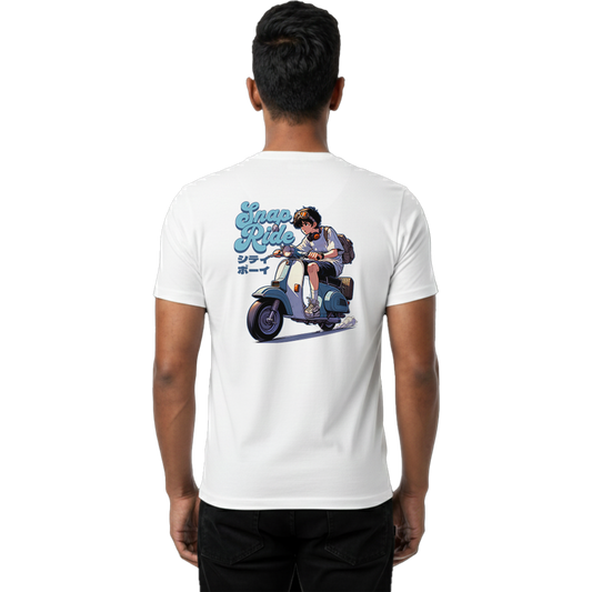 Back view of white “Snap Ride — City Boy Scooter Tee” T-shirt with large Snap Ride city boy scooter graphic on male model, regular unisex fit by Crafted Community