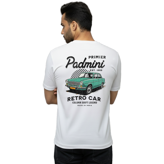 Back view of white “Padmini — Classic City Car Tee” T-shirt with large retro Padmini city car graphic on male model, regular unisex fit by Crafted Community