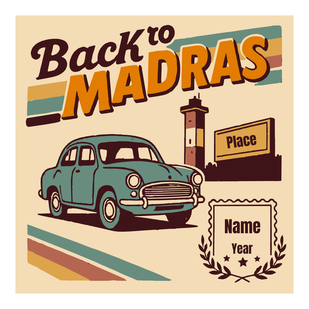 Retro “Back to Madras” T-shirt design with vintage car, lighthouse, customizable place, name, and year.