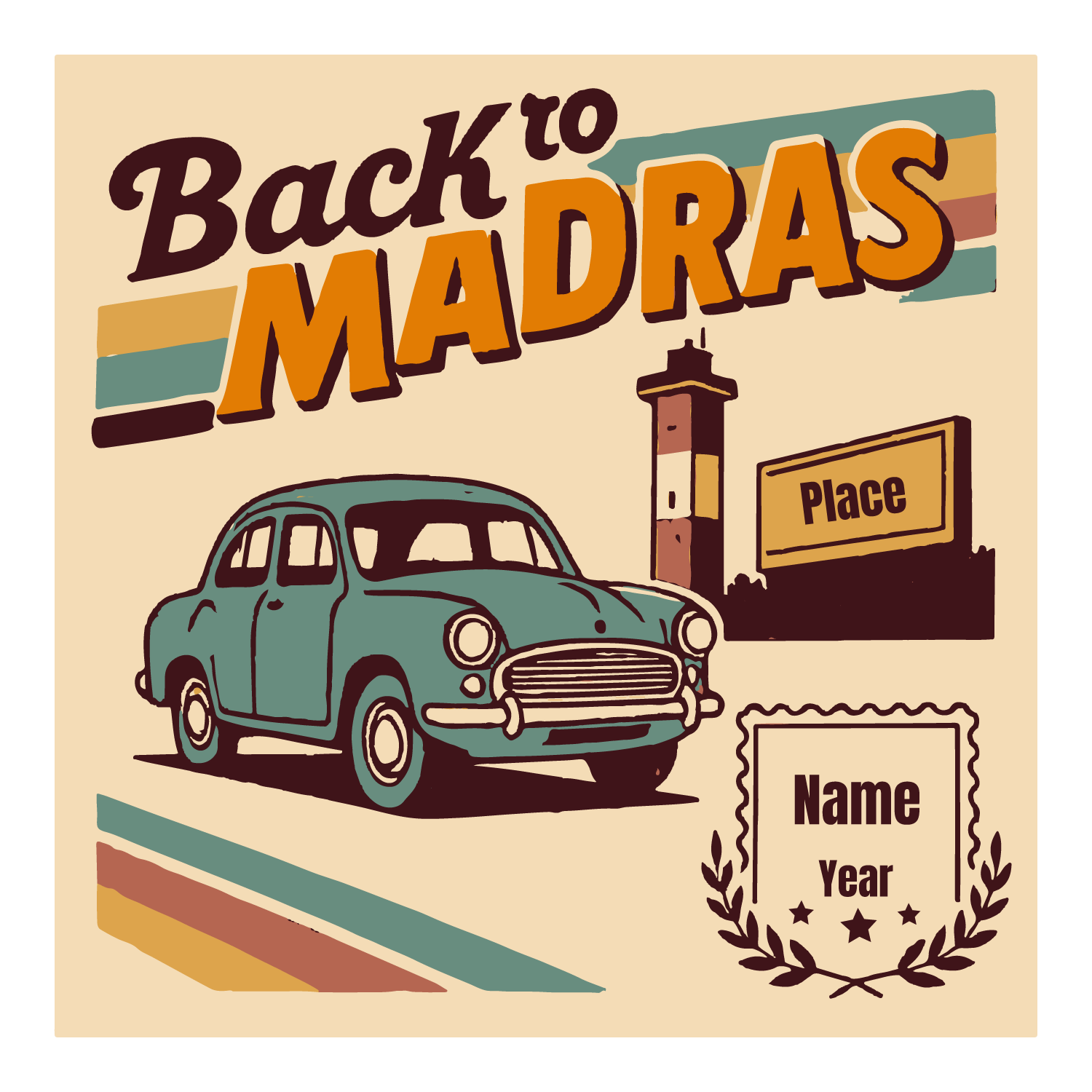 Retro “Back to Madras” T-shirt design with vintage car, lighthouse, customizable place, name, and year.