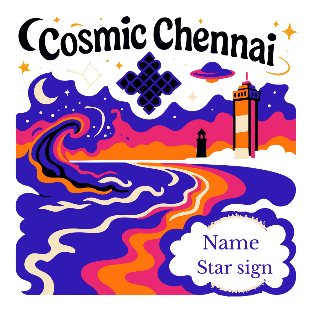 Cosmic Chennai T-shirt design with neon waves, lighthouse, stars, planets, and customizable name and star sign.