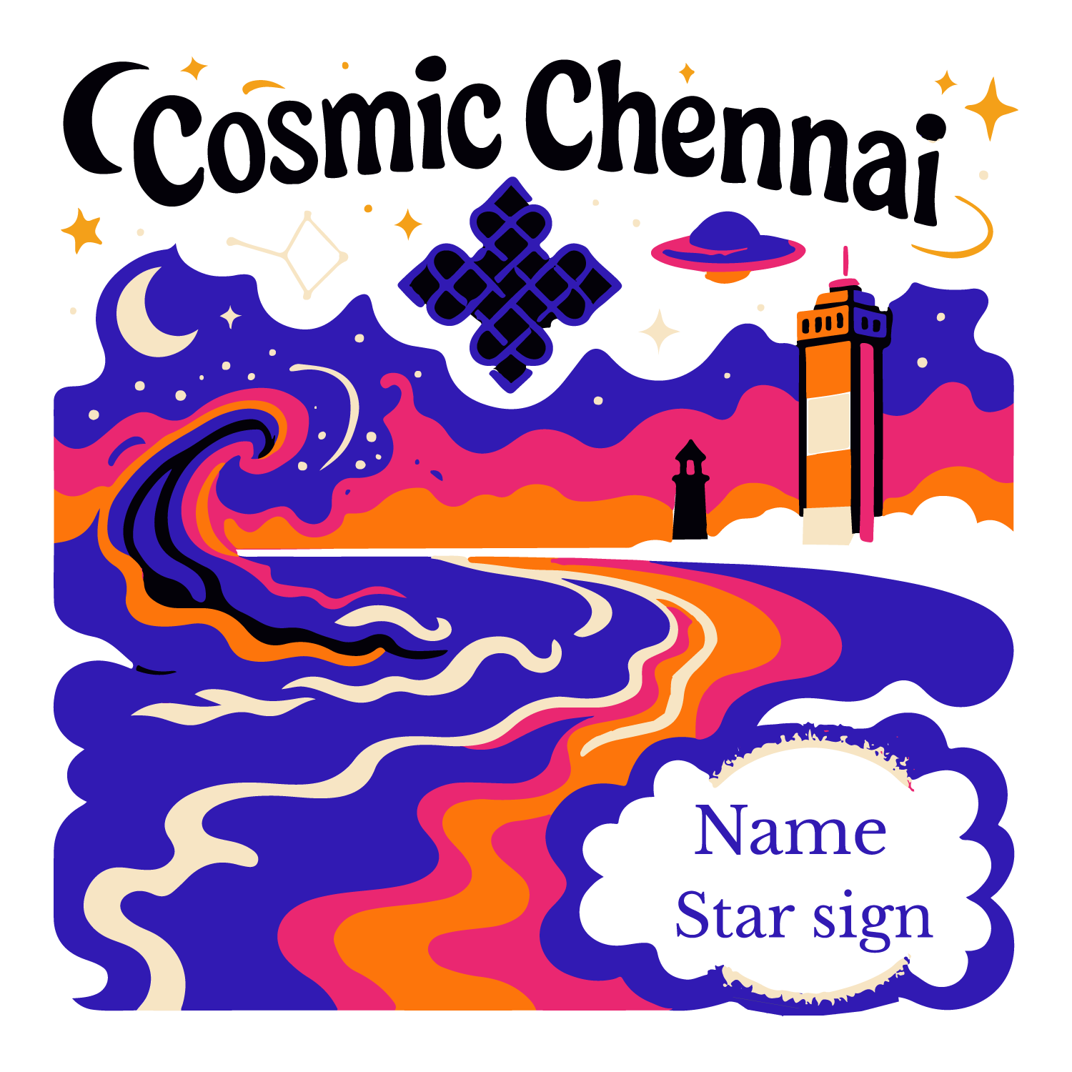 Cosmic Chennai T-shirt design with neon waves, lighthouse, stars, planets, and customizable name and star sign.
