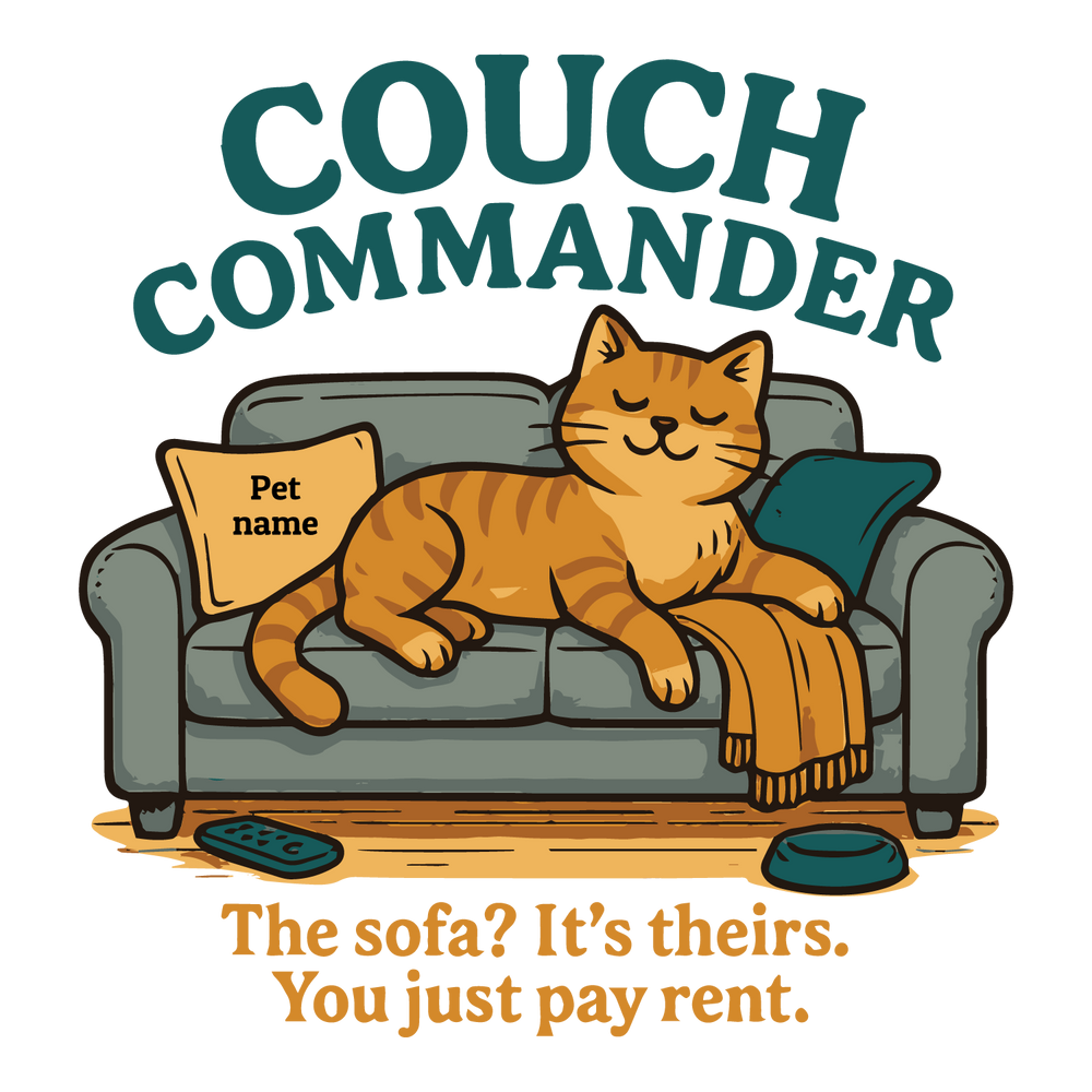 Cat lounging on couch with pillow customizable with pet name.