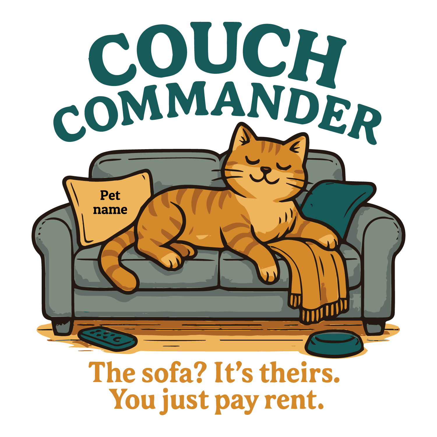 Cat lounging on couch with pillow customizable with pet name.