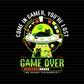 Pixel art style “Come in Gamer, You’re Lost” cat UFO arcade graphic with circular HUD frame, sleeping cat in spaceship, paw-print radar, “GAME OVER” text and progress bar with “Are you ready to be beamed up?” 