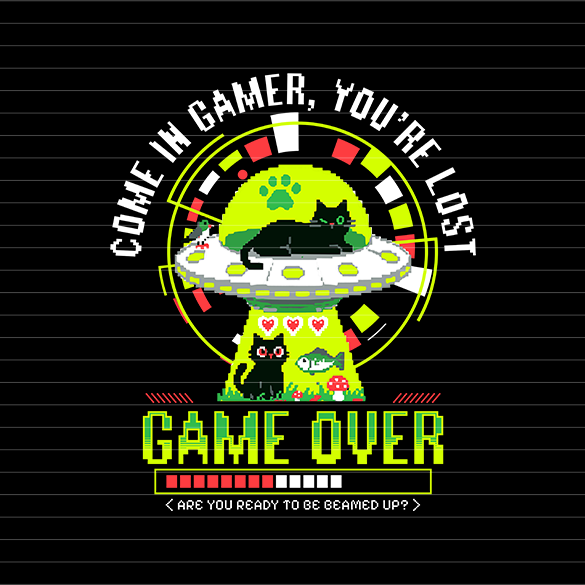 Pixel art style “Come in Gamer, You’re Lost” cat UFO arcade graphic with circular HUD frame, sleeping cat in spaceship, paw-print radar, “GAME OVER” text and progress bar with “Are you ready to be beamed up?” 