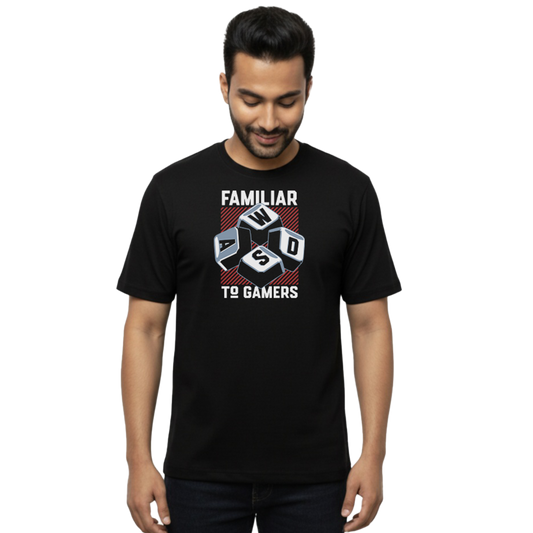 Front view of black “Familiar to Gamers – WASD keys” T-shirt on model with cube-style WASD graphic
