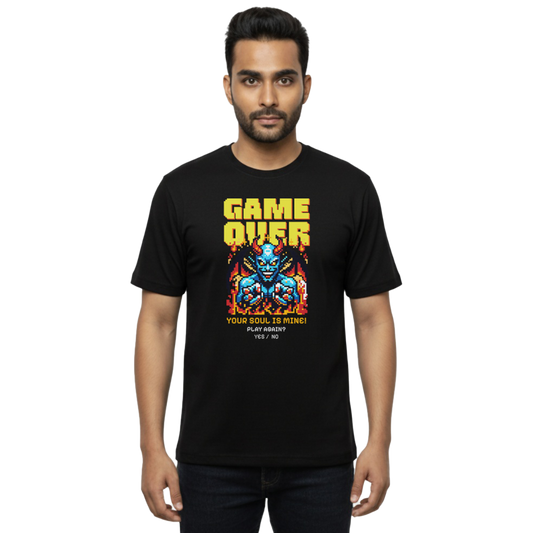 Front view of man wearing black “Game Over – Your Soul Is Mine” retro gamer T-shirt with large pixel demon graphic on chest