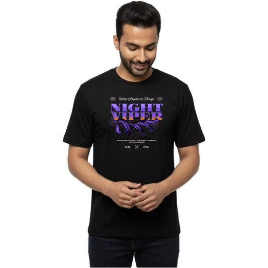 Black Night Viper – Urban Streetwear Snake Tee on male model, front view with small chest graphic and hands clasped