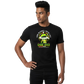 Front view of black “Come In Gamer, You’re Lost – Game Over Cat UFO Tee” on male model with central UFO and cat gaming graphic, unisex regular fit T-shirt by Crafted Community