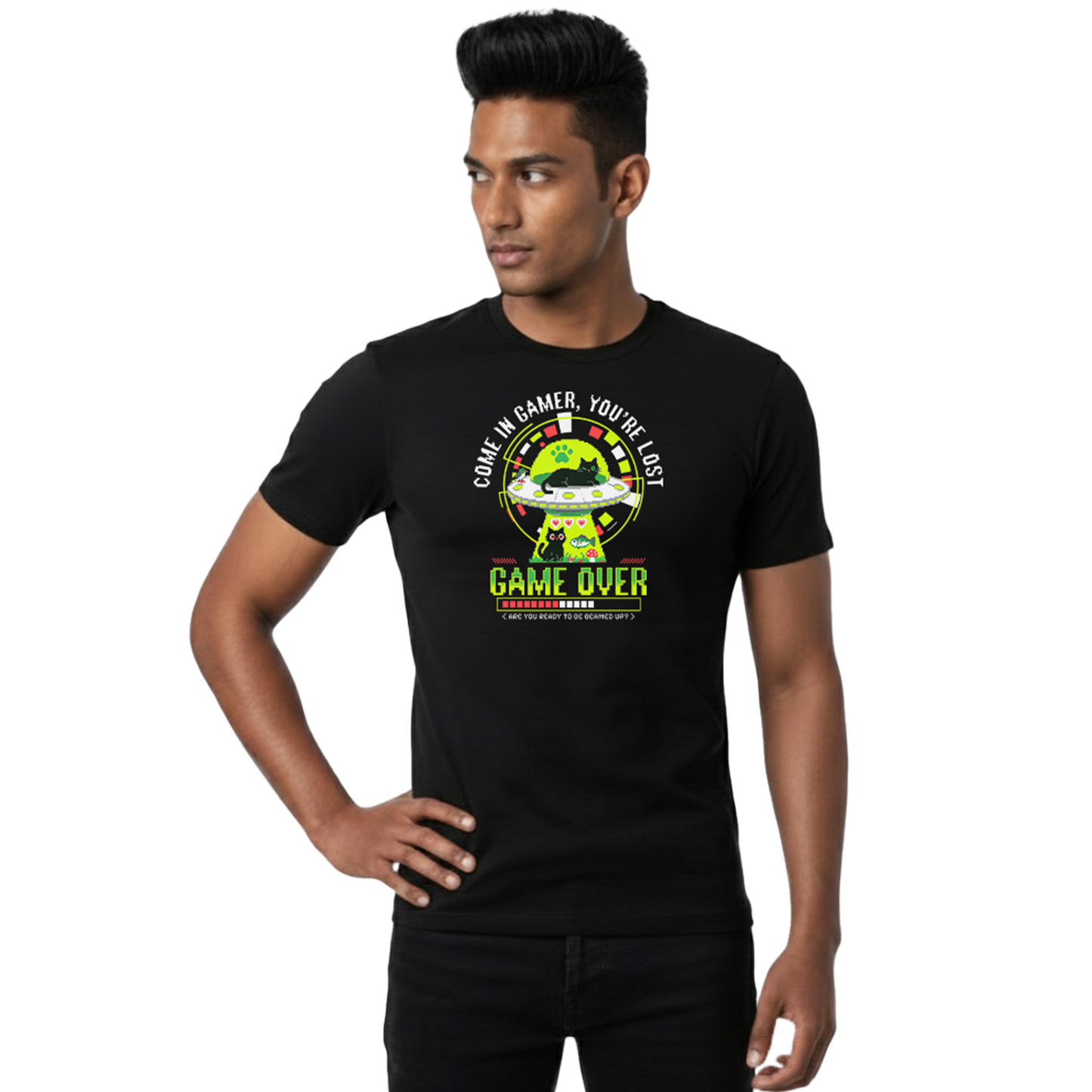 Front view of black “Come In Gamer, You’re Lost – Game Over Cat UFO Tee” on male model with central UFO and cat gaming graphic, unisex regular fit T-shirt by Crafted Community