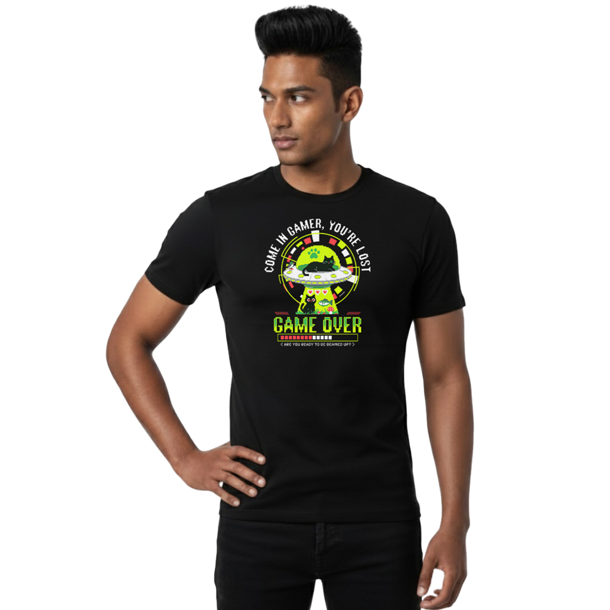 Front view of black “Come In Gamer, You’re Lost – Game Over Cat UFO Tee” on male model with central UFO and cat gaming graphic, unisex regular fit T-shirt by Crafted Community