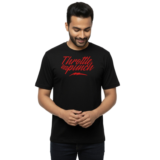 Front view of “Throttle Punch — Track Day Streetwear Tee” on male model with bold chest graphic text design, unisex regular fit T-shirt by Crafted Community black 
