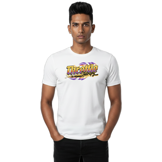 Front view of “Throttle Therapy — Night Ride Streetwear Tee” on male model with bold chest graphic design, unisex regular fit T-shirt by Crafted Community White