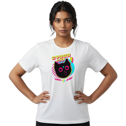 Front view of woman wearing white “Cyber Cat” streetwear T-shirt with glitch-style cat graphic and text on chest