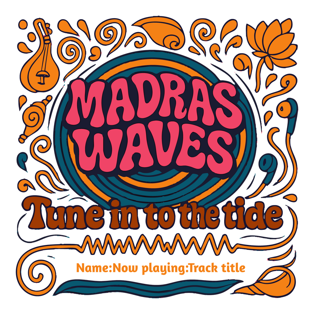 Madras Waves T-shirt design with lotus, veena, earbuds, psychedelic swirls, and customizable name and track title.