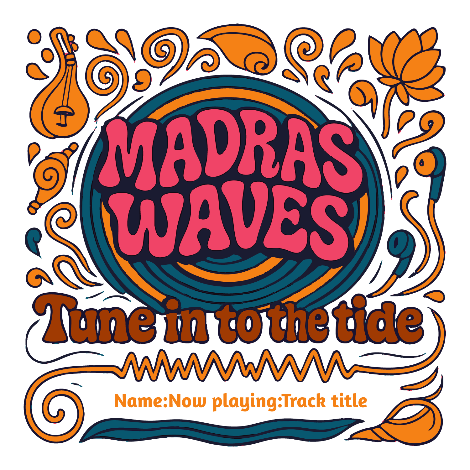 Madras Waves T-shirt design with lotus, veena, earbuds, psychedelic swirls, and customizable name and track title.