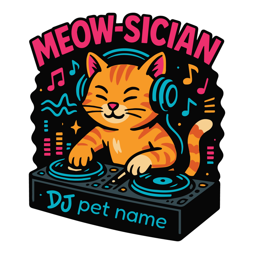 Cat DJ wearing headphones at mixing console, customizable DJ pet name.