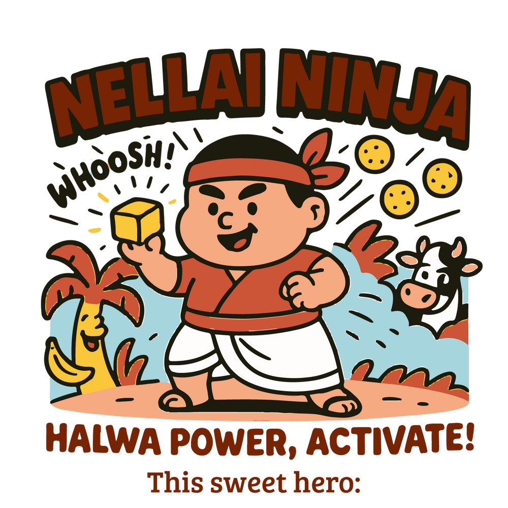 Nellai Ninja comic tee with halwa cube hero, bananas, cow, cookies, customizable sweet hero name.