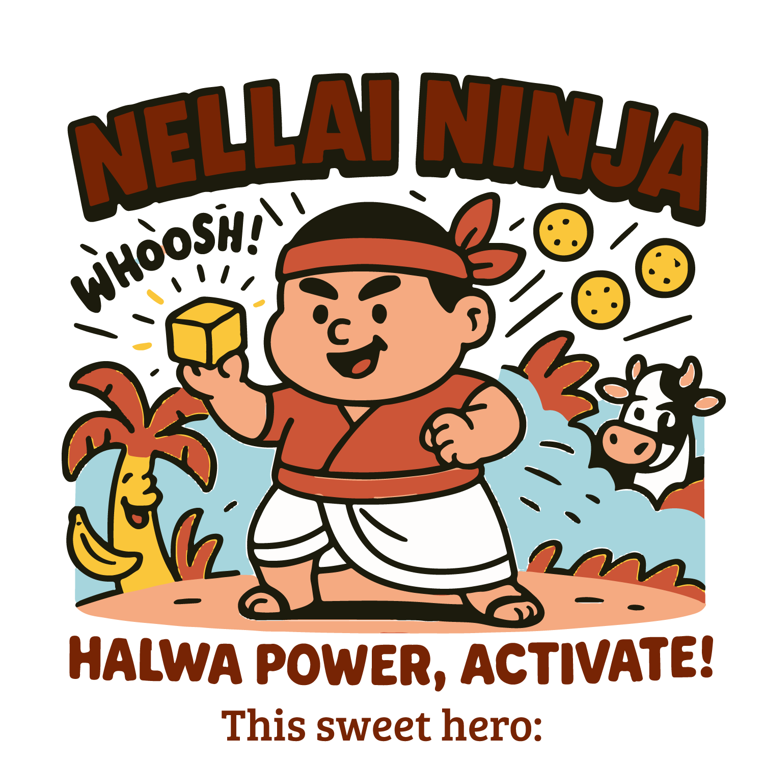 Nellai Ninja comic tee with halwa cube hero, bananas, cow, cookies, customizable sweet hero name.