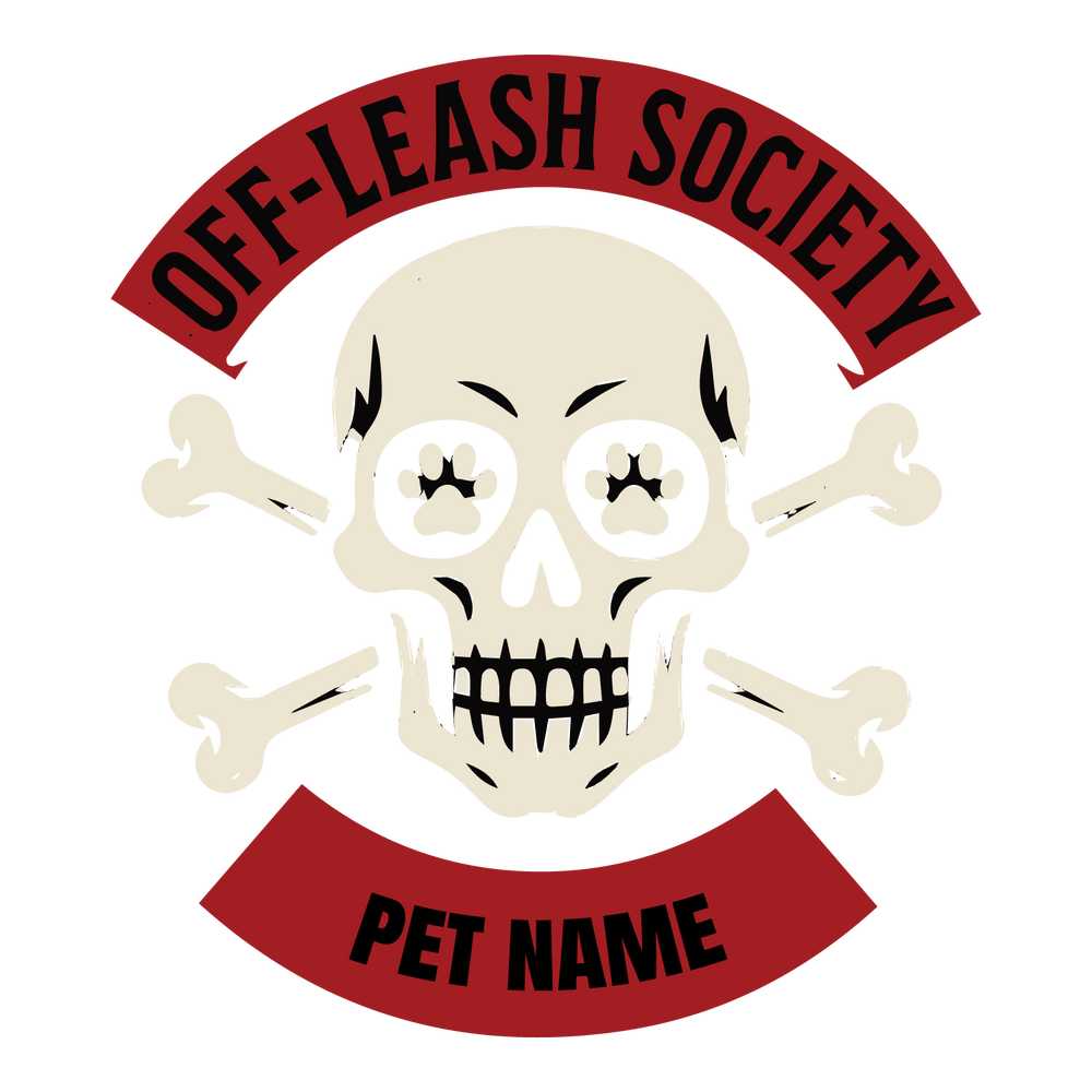 Rebel “Off Leash Society” custom dog T-shirt with skull-and-crossbones paw design and editable pet name.