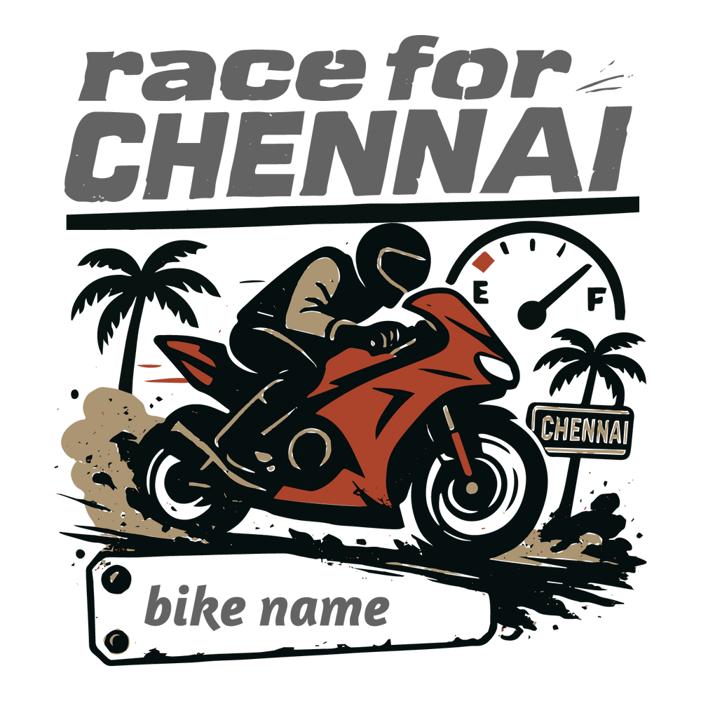 Race for Chennai T-shirt design with biker, speedometer, palm trees, and customizable bike name.