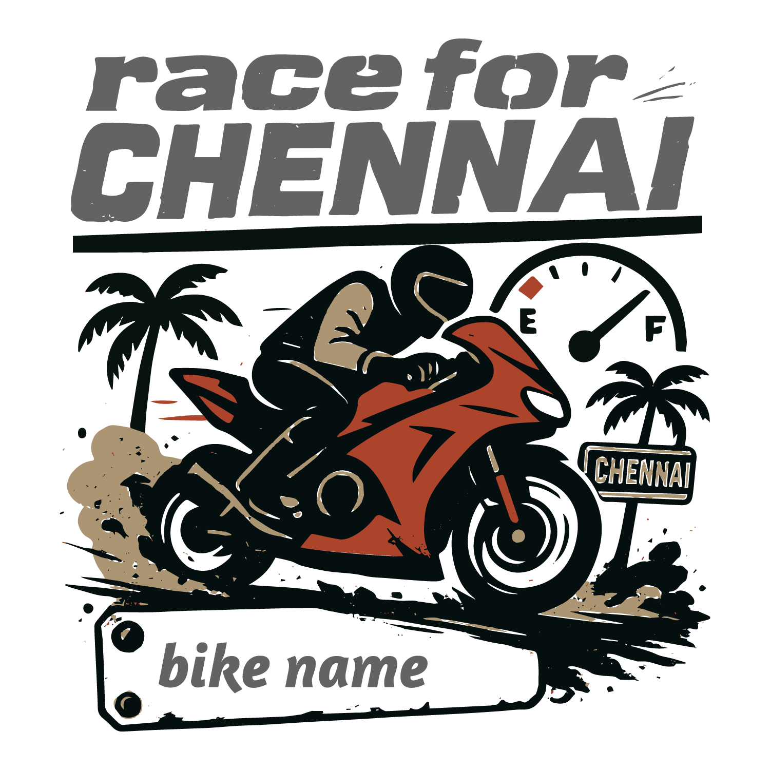 Race for Chennai T-shirt design with biker, speedometer, palm trees, and customizable bike name.