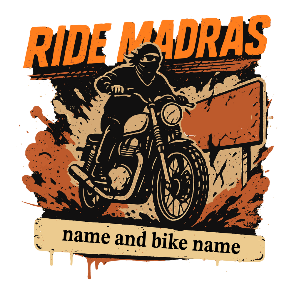 Ride Madras T-shirt design with biker, rugged dirt splash, and customizable name and bike name.