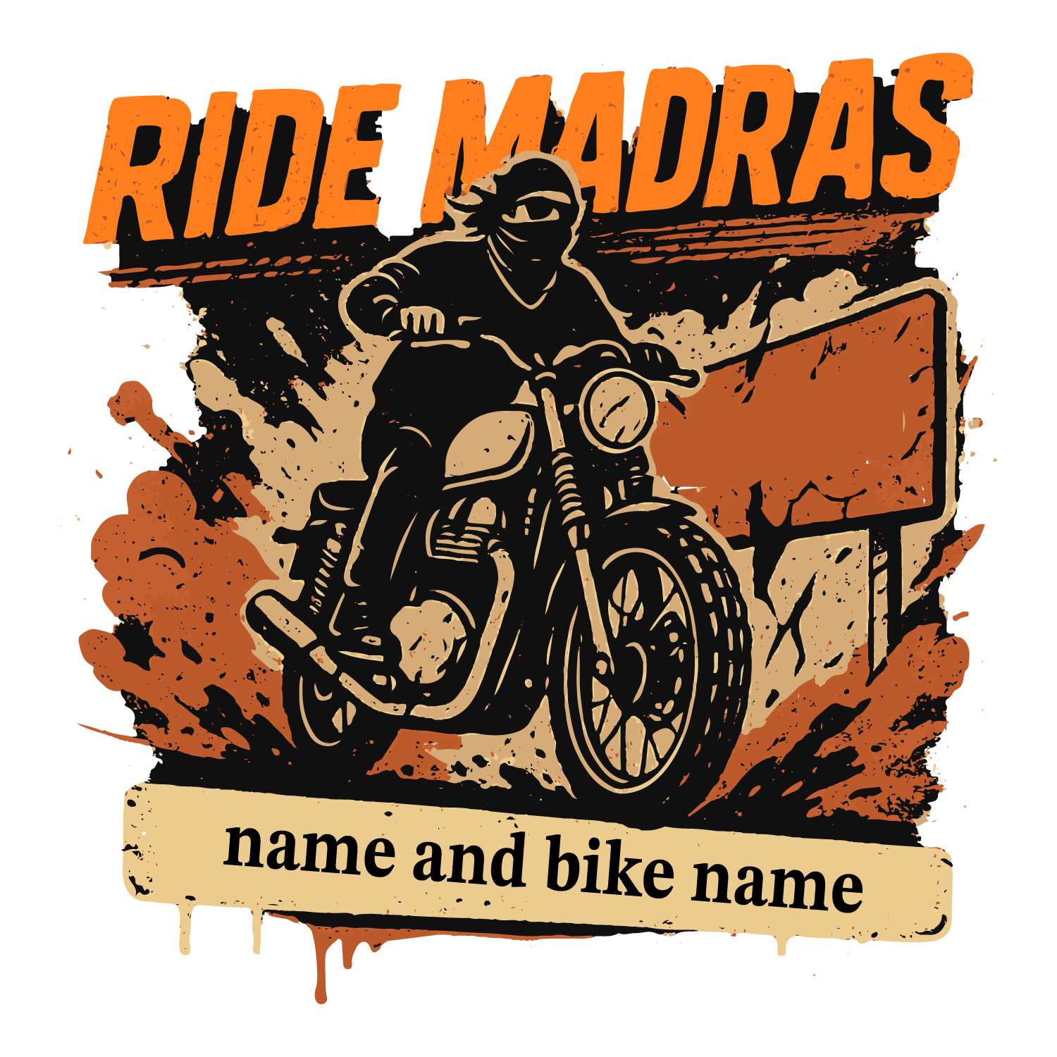 Ride Madras T-shirt design with biker, rugged dirt splash, and customizable name and bike name.