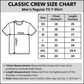 Classic Crew men’s regular fit T-shirt size chart showing half-chest and length measurements in inches for XS to 3XL