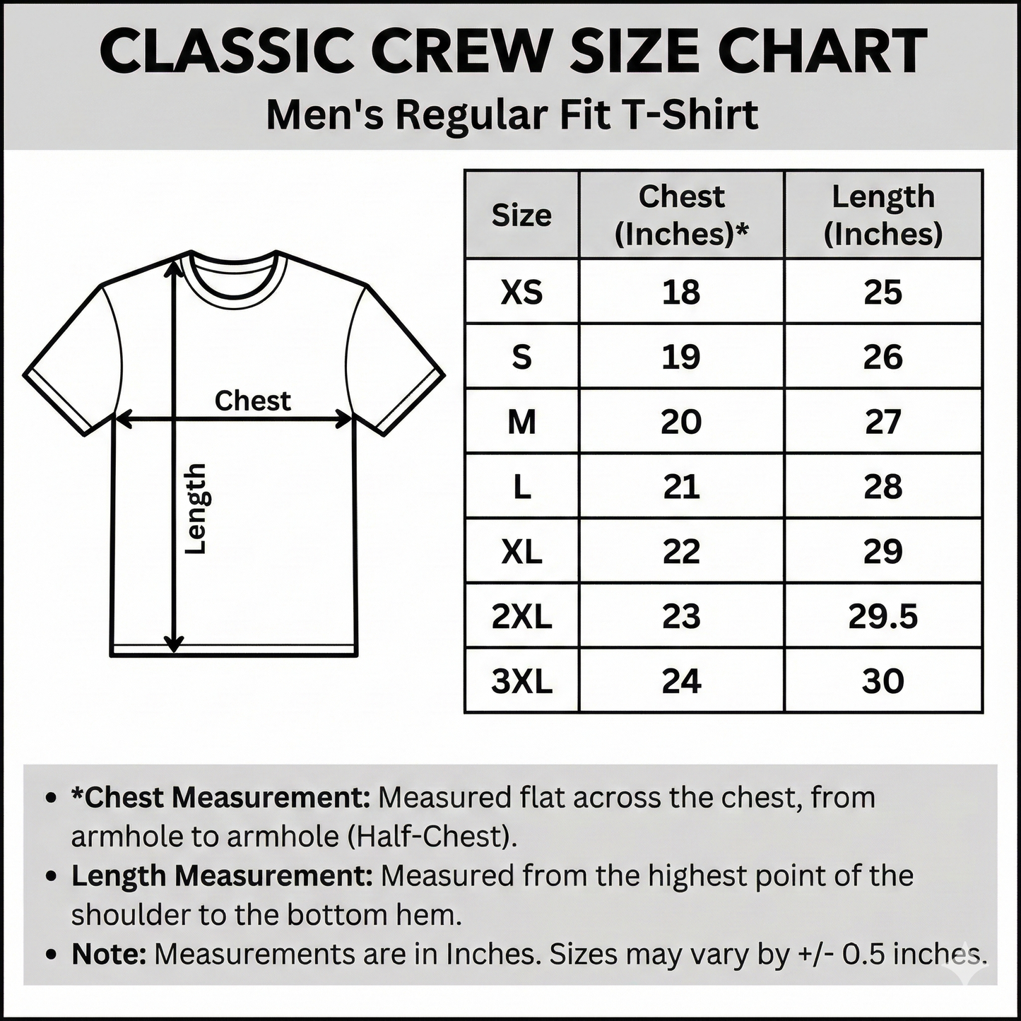 Classic Crew men’s regular fit T-shirt size chart showing half-chest and length measurements in inches for XS to 3XL