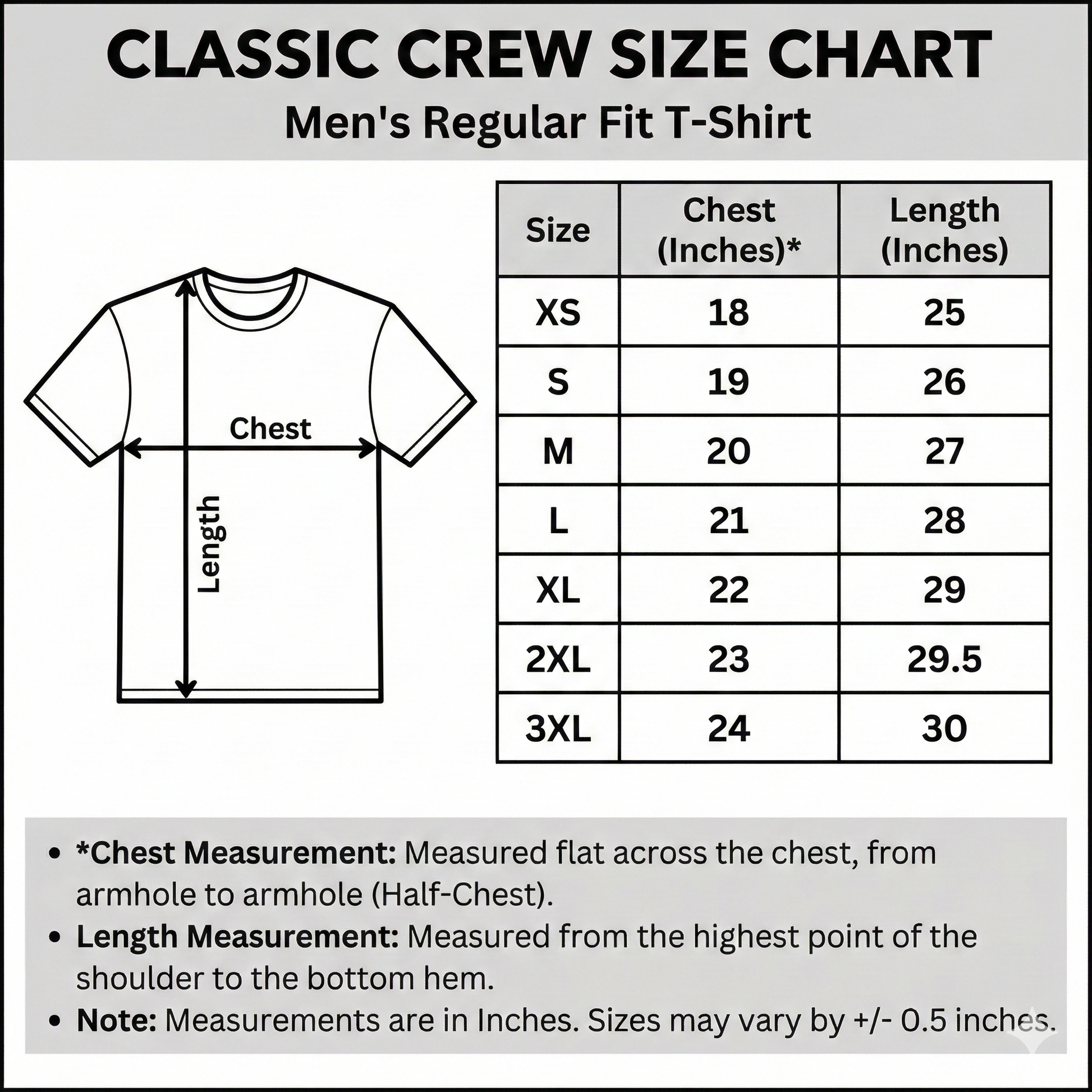Classic Crew men’s regular fit T-shirt size chart showing half-chest and length measurements in inches for XS to 3XL